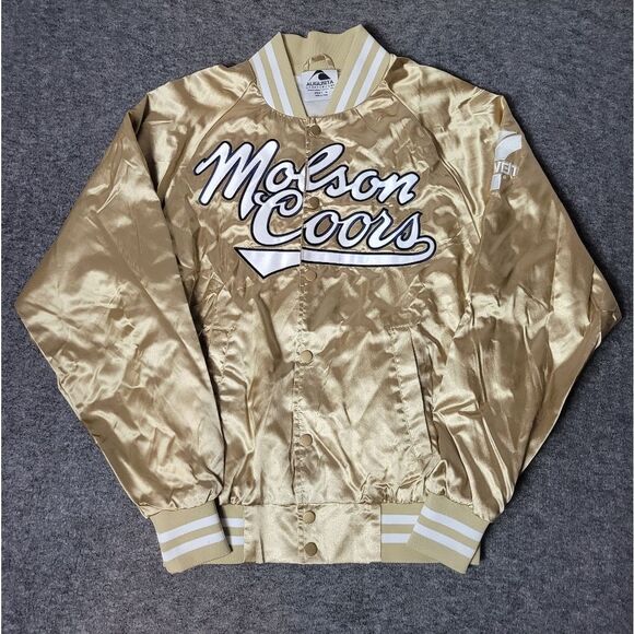 Molson Coors Augusta Sportswear Jacket Size S Gold Satin Snap Varsity Bomber - Picture 1 of 12